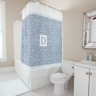 Dusty blue damask white scalloped borders monogram shower curtain