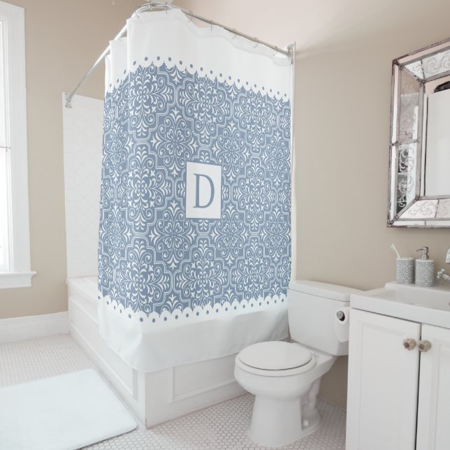 Dusty blue damask white scalloped borders monogram shower curtain (In Situ)