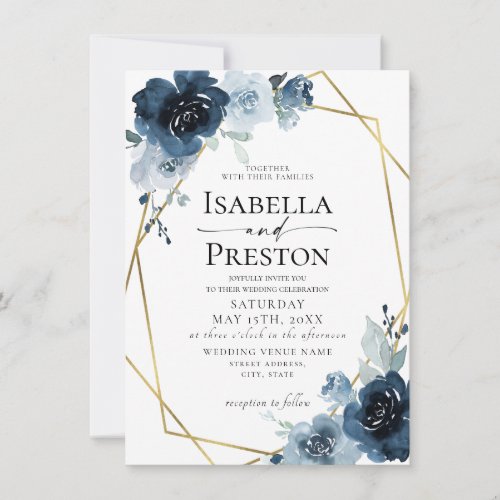 Dusty Blue Dark Navy Boho Gold Foil Floral Wedding Invitation