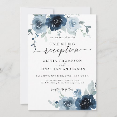 Dusty Blue Dark Navy Floral Watercolor Wedding Invitation