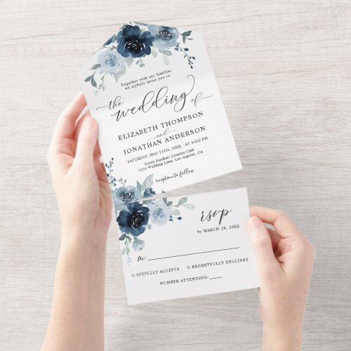 Dusty Blue Dark Navy Floral Wedding Details RSVP All In One Invitation