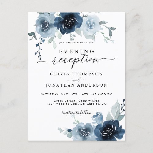 Dusty Blue Dark Navy Floral Wedding Invitation Postcard