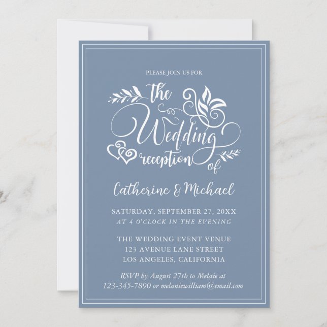 Dusty Blue Decorative Wedding Calligraphy  Invitation (Front)