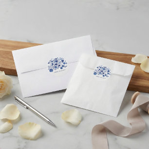 Dusty Blue Delft Floral Couple Names Classic Round Sticker