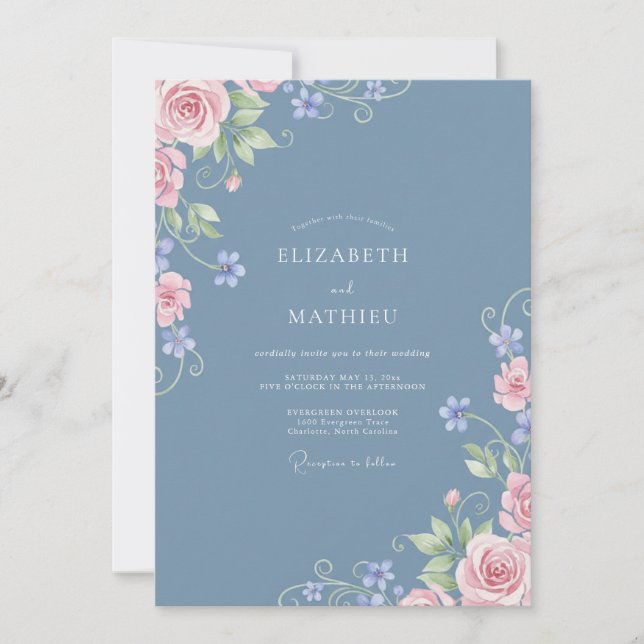 Dusty Blue Delicate Blossom Flourish Wedding Invitation (Front)