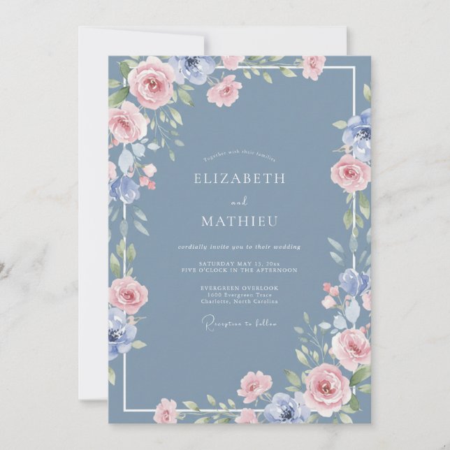 Dusty Blue Delicate Spring Wedding Invitation (Front)