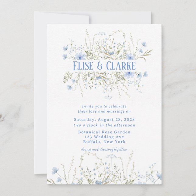  Dusty Blue Delicate Wildflower Wedding Invitation (Front)
