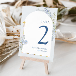Dusty Blue Delphinium Floral Arched Boy Baptism Table Number