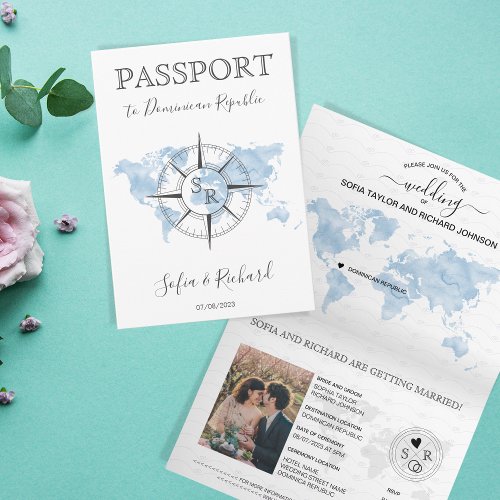 Dusty Blue Destination Wedding World Map Passport Invitation