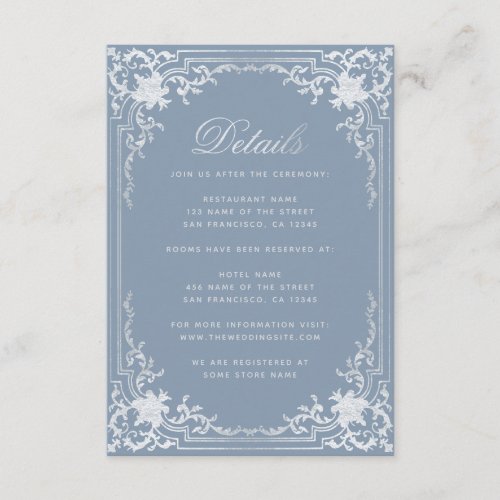 Dusty Blue Details Elegant Vintage Silver Wedding  Enclosure Card