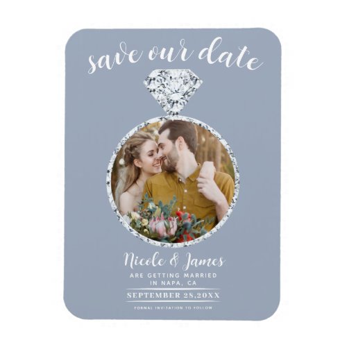 Dusty Blue Diamond Ring Bling Photo Save the Date Magnet