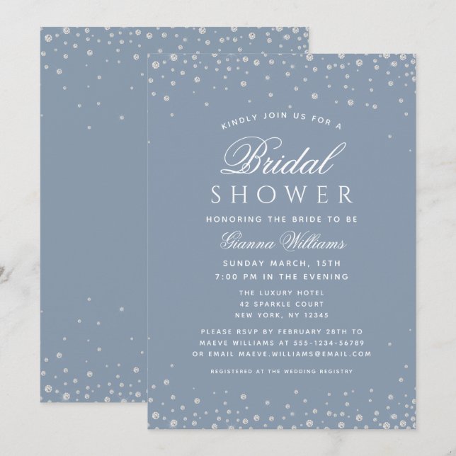 Dusty Blue Diamonds Modern Luxury Bridal Shower Invitation (Front/Back)