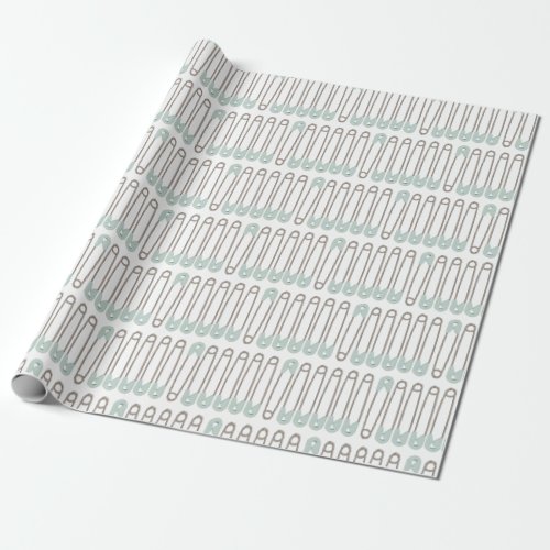 Dusty Blue Diaper Pin Pattern Boy Baby Shower Wrapping Paper