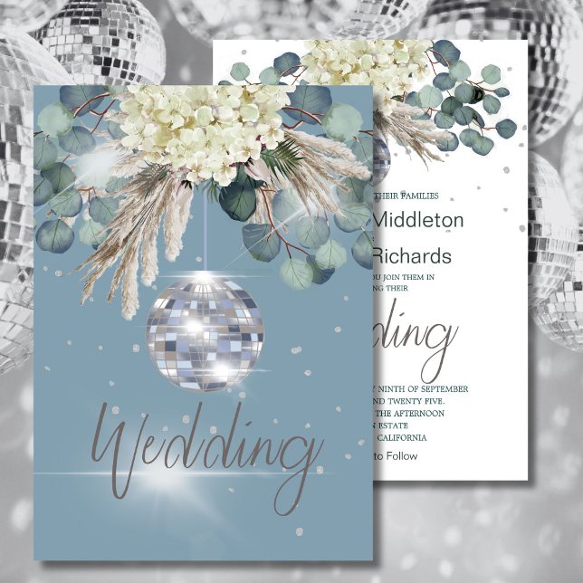 Dusty Blue Disco Ball Floral Elegant Wedding Invitation (Creator Uploaded)