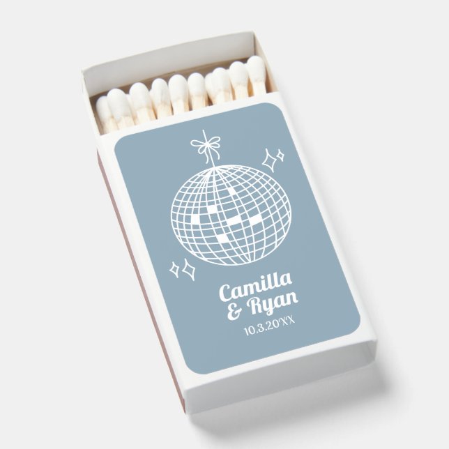 Dusty Blue Disco Wedding Favor Personalized Matchboxes (Front Open)