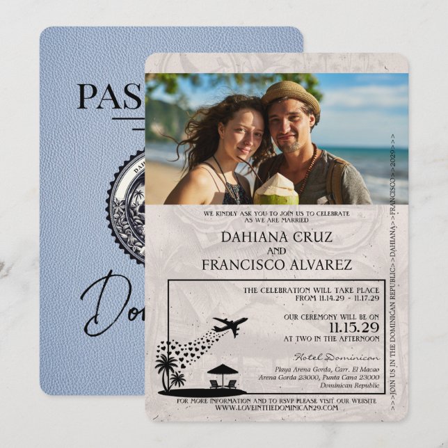 Dusty Blue Dominican Republic Passport Wedding Invitation (Front/Back)