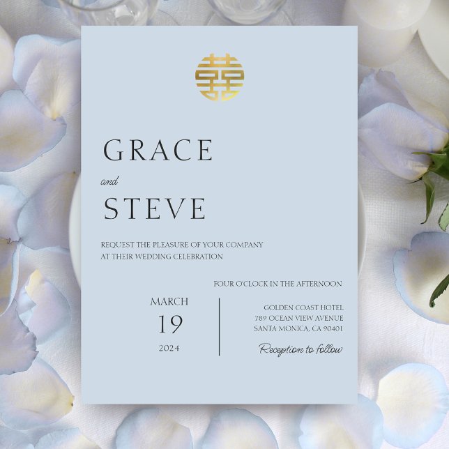 Dusty Blue Double Happiness Chinese Korean Wedding Invitation (Dusty Blue Double Happiness Chinese Korean Wedding Invitation)