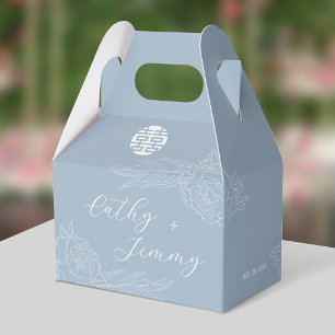 Dusty Blue Double Happiness Peonies Wedding Favor Boxes