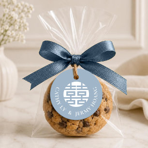 Dusty Blue Double Happiness Wedding Round Favor Tags