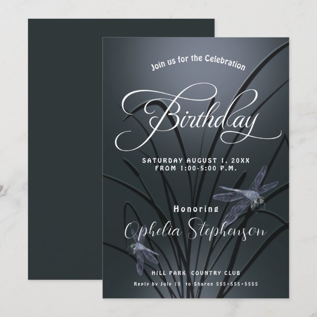 Dusty Blue Dragonfly Birthday Invitation (Front/Back)