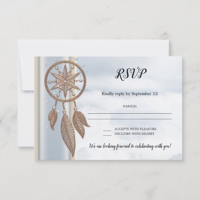 Dusty Blue Dreamcatcher Wedding RSVP Card (Front)