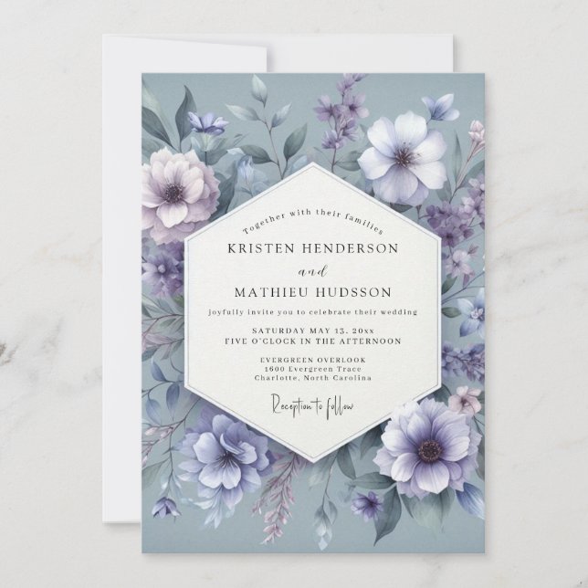 Dusty Blue Dreamy Floral Wedding Invitation (Front)
