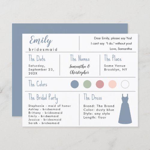 Dusty Blue Dress Color Bridesmaid Information Card