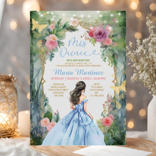 Dusty Blue Dress Forest Pink Floral Mis Quince Invitation