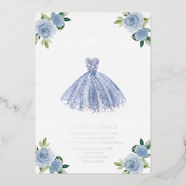 Dusty Blue Dress Quinceanera Foil Invitation (Front)
