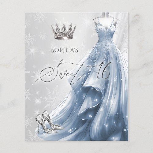 Dusty Blue Dress Snowflakes Sweet 16 Invitation