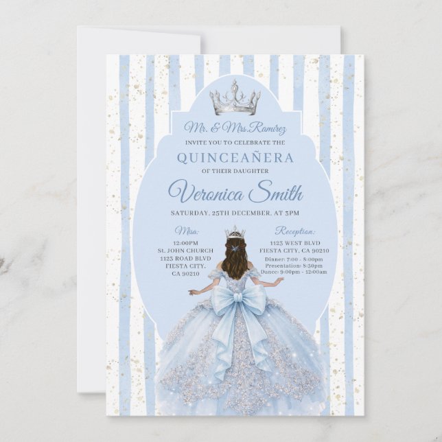 Dusty Blue Dress with Bow Quinceañera Birthday Invitation (Front)