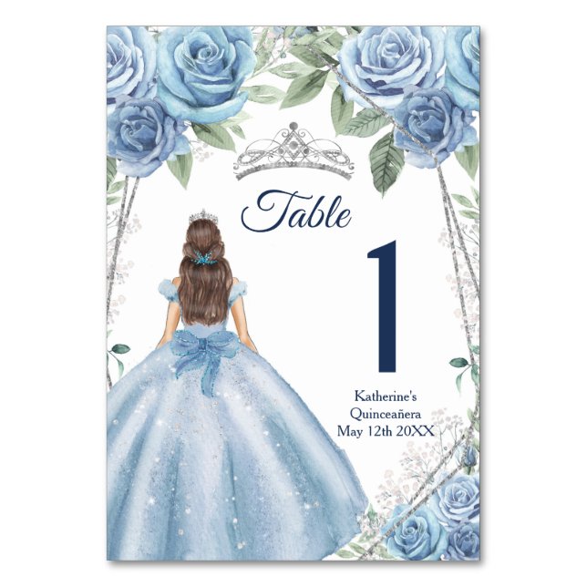 Dusty Blue Dresses Quinceañera Birthday  Table Number (Front)