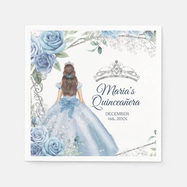 Dusty Blue Dresses Quinceañera Crown Birthday Napkins (Front)