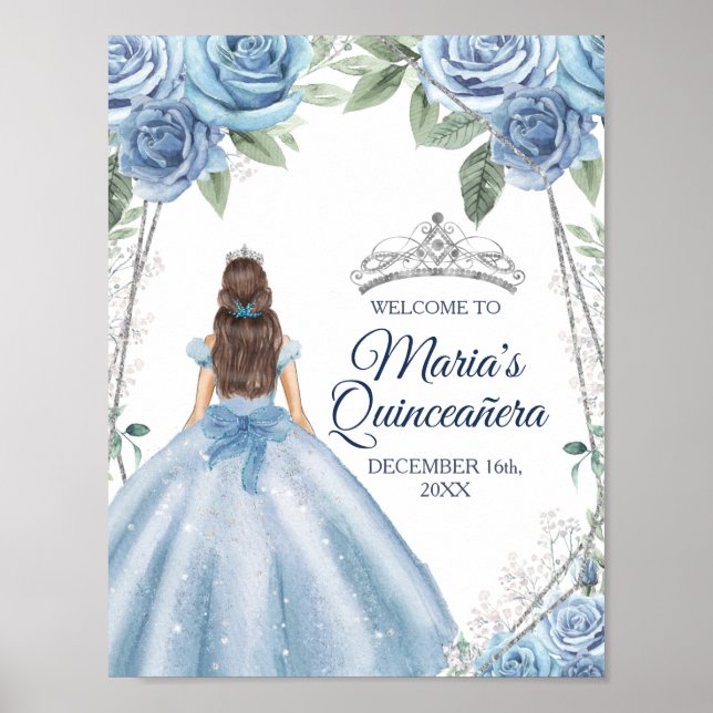 Dusty Blue Dresses Quinceañera Crown Birthday Poster (Front)