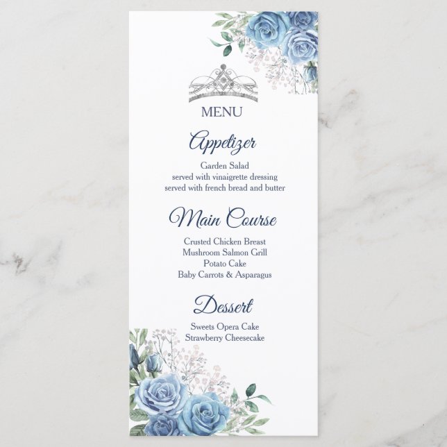 Dusty Blue Dresses Quinceañera Menu Card (Front)