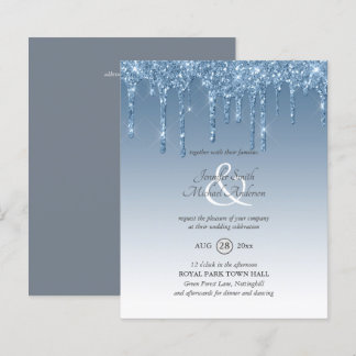 Dusty Blue dripping Glitter Wedding Invite