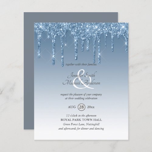 Dusty Blue dripping Glitter Wedding Invite