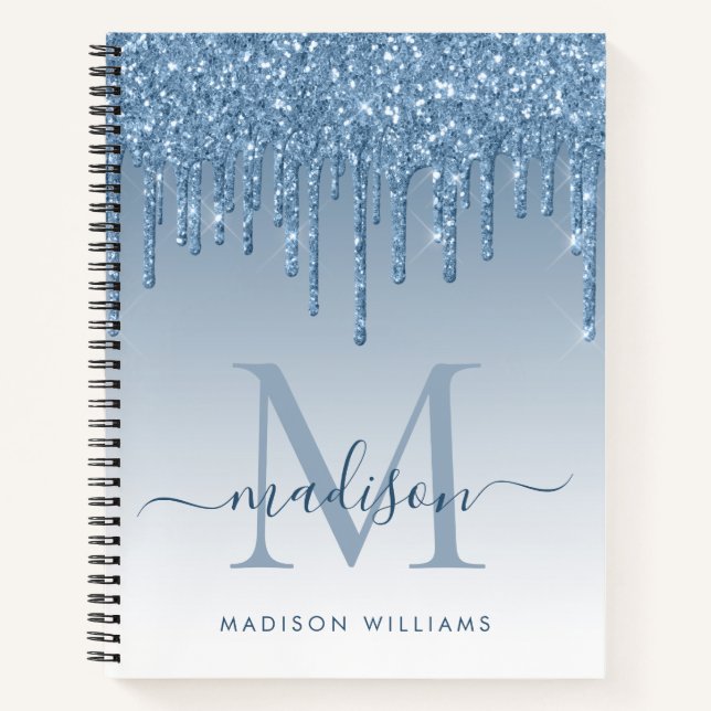 Dusty Blue Drips Glitter Sparkle Monogram Script Notebook (Front)