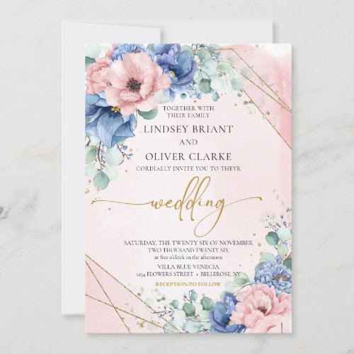 Dusty blue dusty pink faux gold geometric  invitation