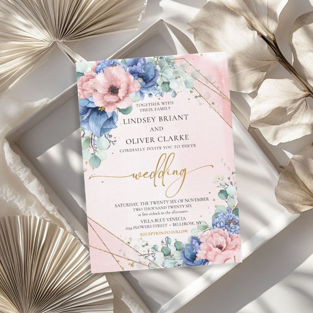 Dusty blue dusty pink faux gold geometric  invitation (Dusty blue dusty pink faux gold geometric invitation)