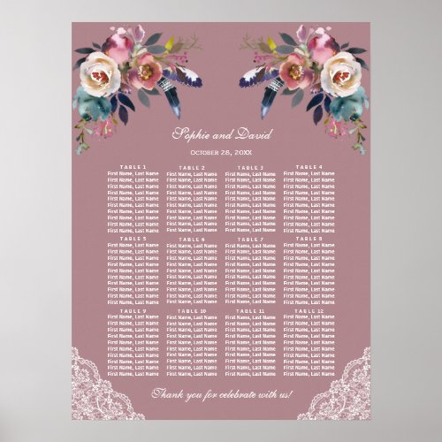 Dusty Blue Dusty Rose Floral Wedding Seating Chart