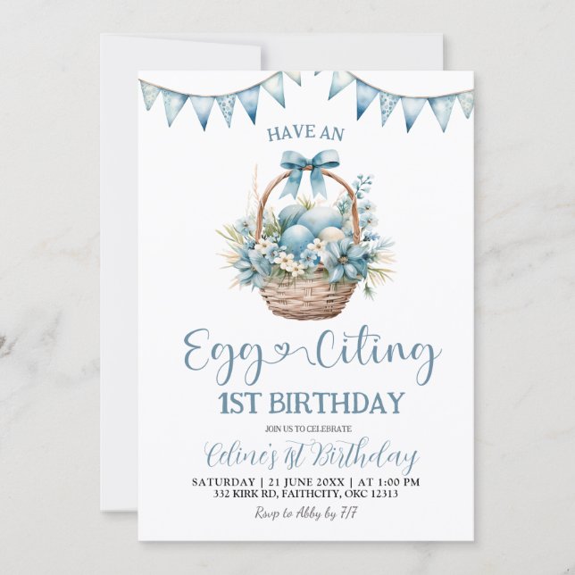Dusty Blue Eggciting Birthday Invitation (Front)