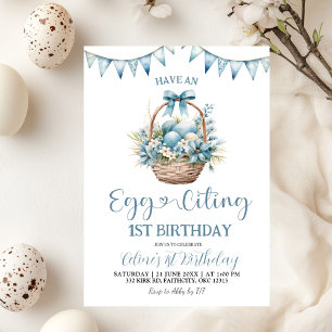 Dusty Blue Eggciting Birthday Invitation