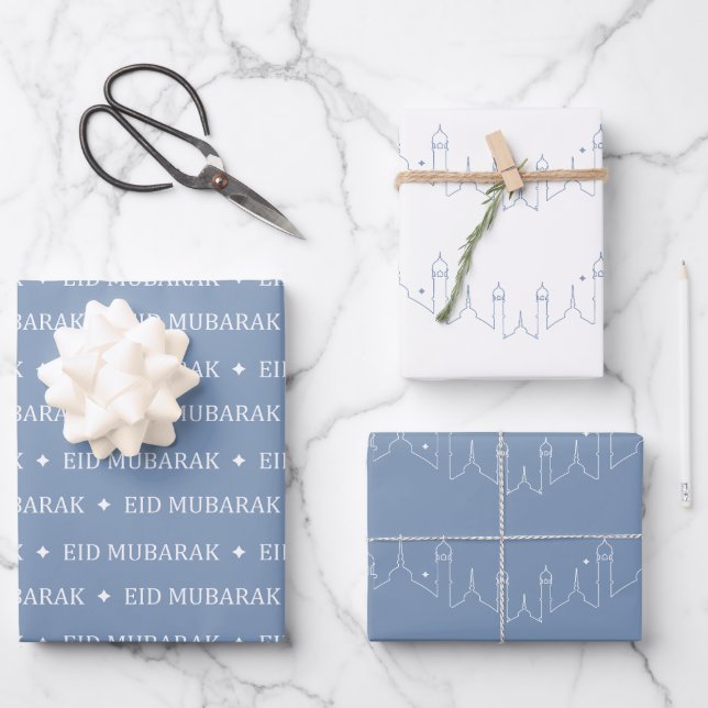 Dusty Blue Eid Mubarak Masjid Pattern Design Wrapping Paper Sheets (Front)
