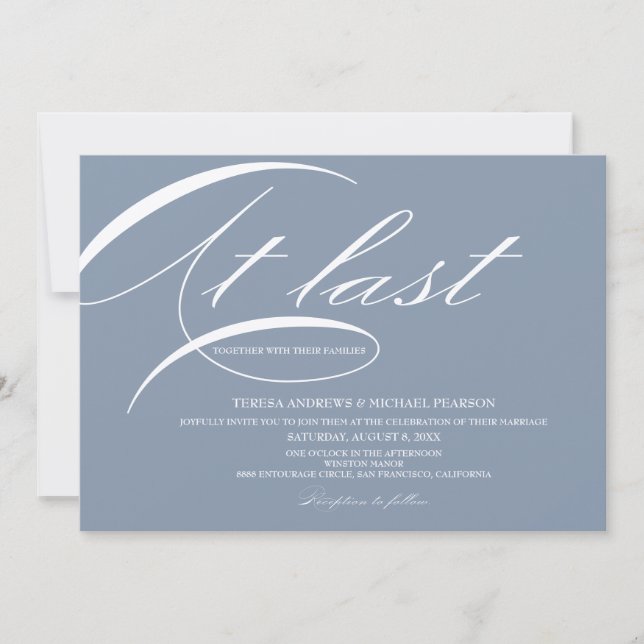 Dusty Blue Elegant At last Calligraphy Wedding Invitation (Front)