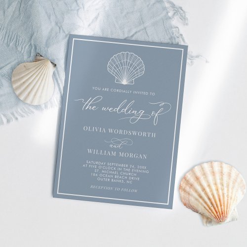 Dusty Blue Elegant Beach Seashell Wedding Invitation