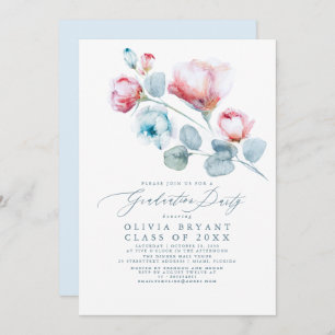 Dusty Blue Elegant Boho Floral Graduation Party Invitation
