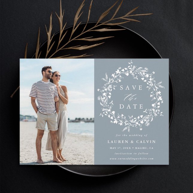 Dusty Blue Elegant Boho Wildflower Wedding Photo Save The Date (Creator Uploaded)