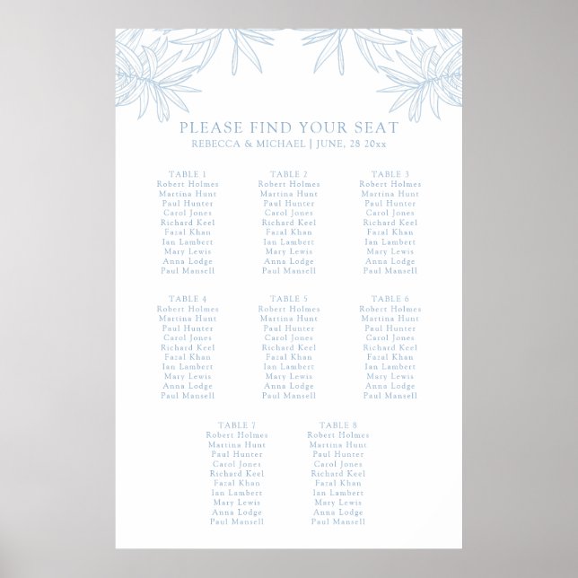 Dusty Blue Elegant Botanical Seating Chart Poster (Front)