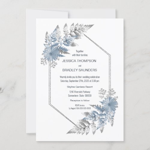 Dusty Blue Elegant Botanical Wedding Invitation